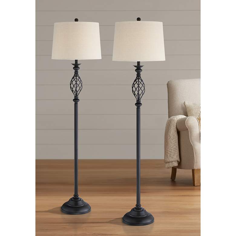 Image 1 Franklin Iron Works Annie 63" Bronze Iron Scroll Floor Lamps Set of 2