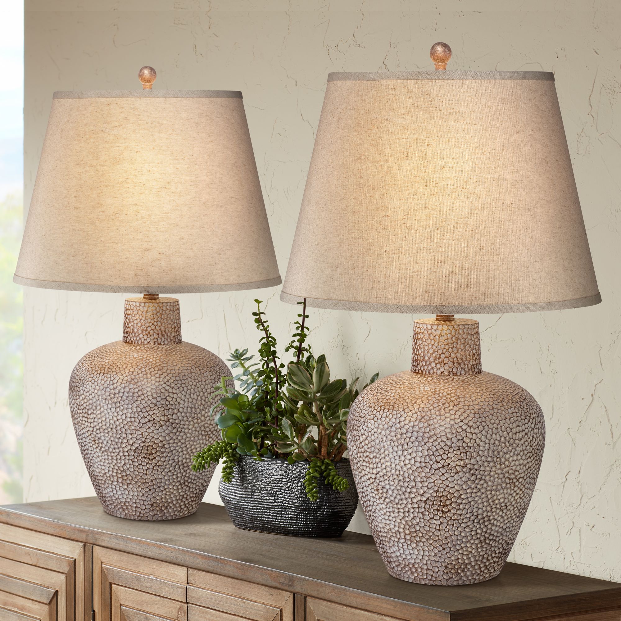 Franklin Iron Works Bentley Brown Leaf Hammered Pot Table Lamps Set of 2