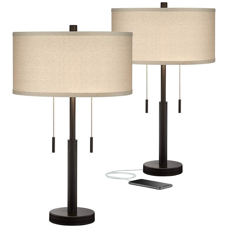 Image 2 Franklin Iron Works Bernie Industrial Bronze Table Lamps with USB Set of 2
