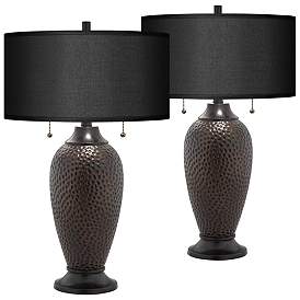 Image1 of Franklin Iron Works Black Faux Silk Hammered Bronze Table Lamps Set of 2