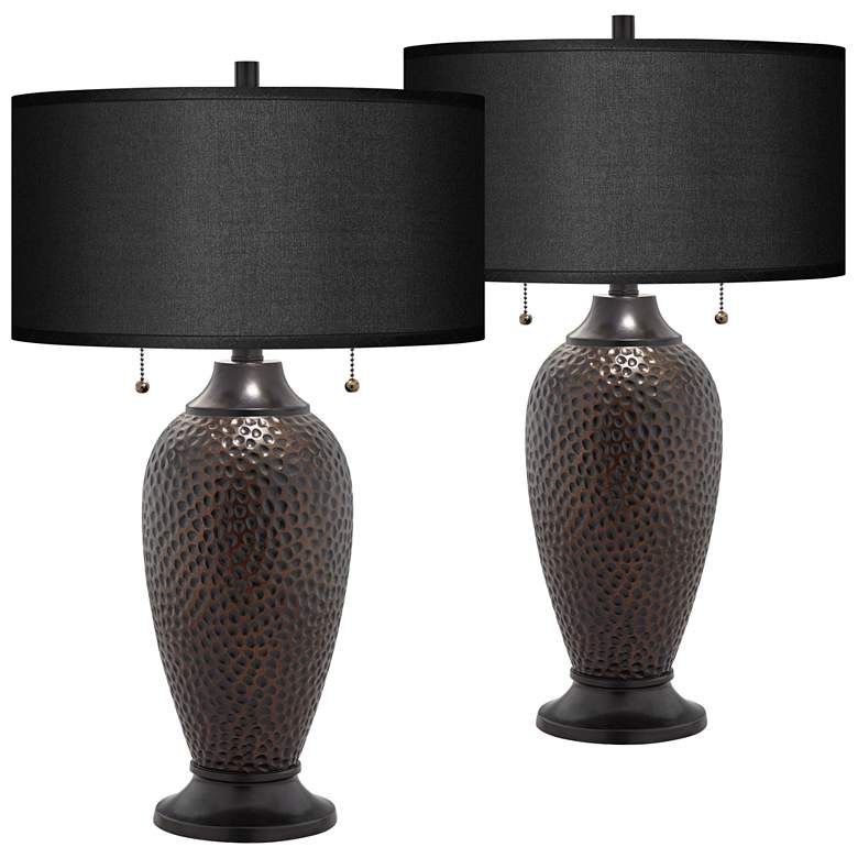 Image 1 Franklin Iron Works Black Faux Silk Hammered Bronze Table Lamps Set of 2