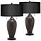 Franklin Iron Works Black Faux Silk Hammered Bronze Table Lamps Set of 2