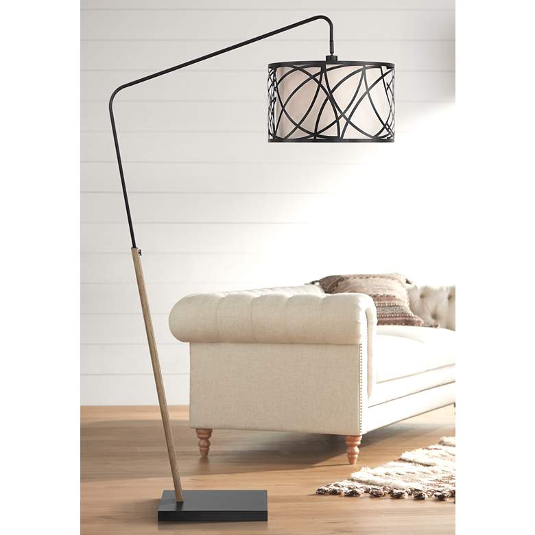 Image 2 Franklin Iron Works Bramble 71" Black with Faux Wood Modern Arc Lamp