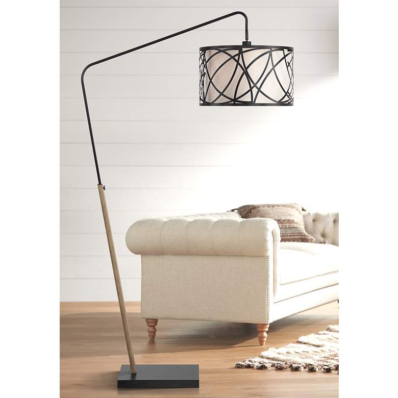 Image 1 Franklin Iron Works Bramble 71" Black with Faux Wood Modern Arc Lamp
