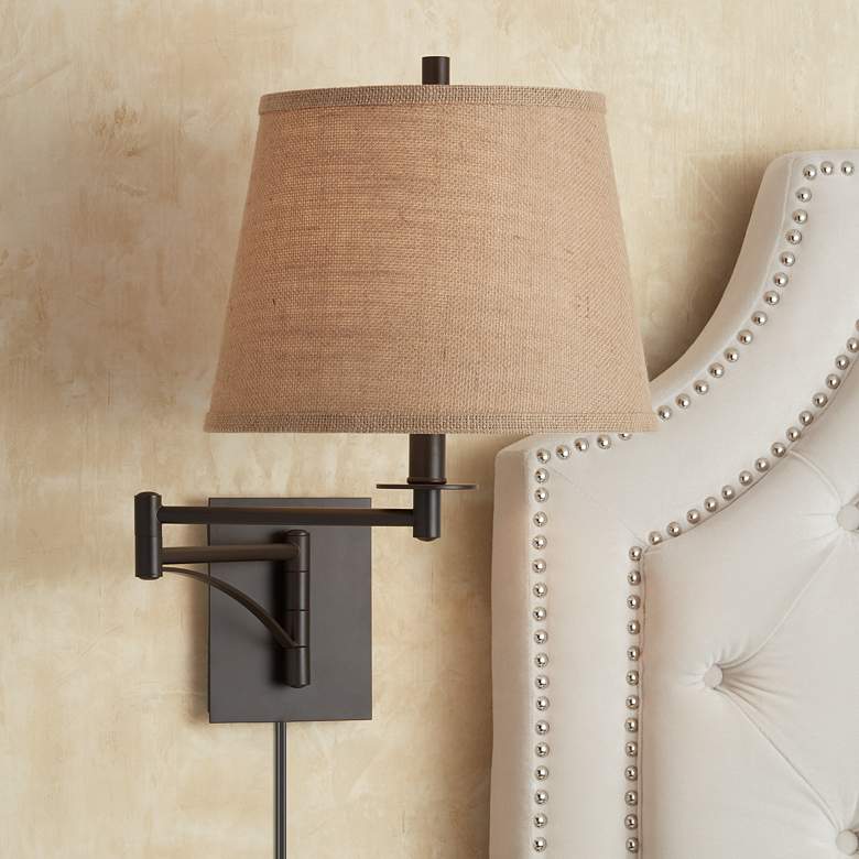 Image 1 Franklin Iron Works Brinly Burlap and Brown Plug-In Swing Arm Wall Lamp