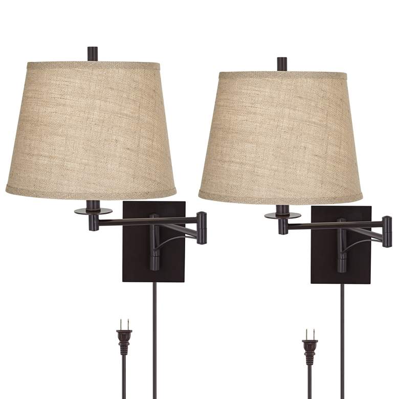 Image 1 Franklin Iron Works Brinly Burlap Plug-In Swing Arm Wall Lamps Set of 2