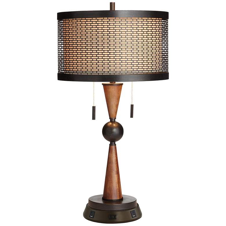 Image 2 Franklin Iron Works Bronze and Cherry Table Lamp with USB Workstation Base