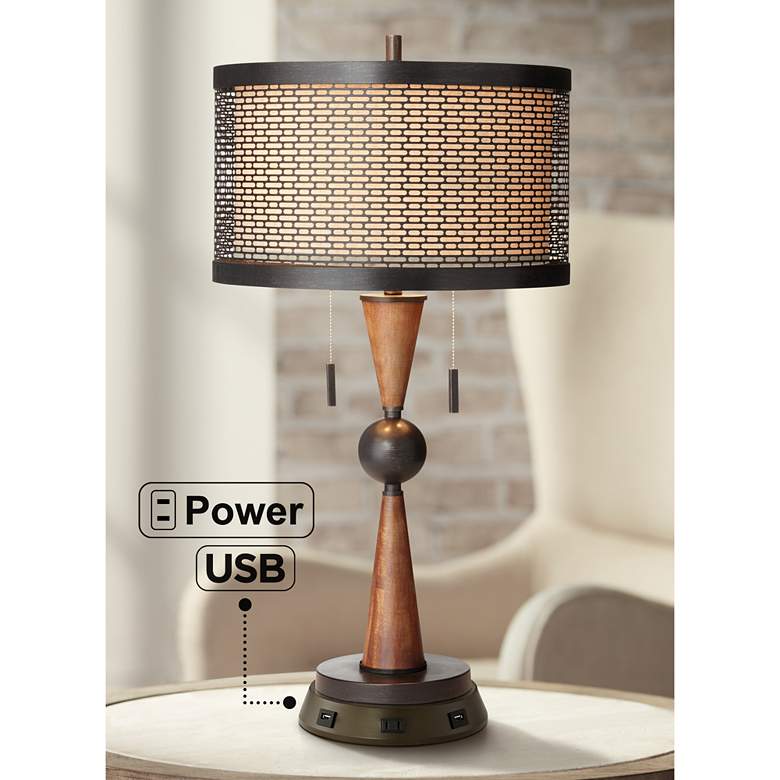 Image 1 Franklin Iron Works Bronze and Cherry Table Lamp with USB Workstation Base