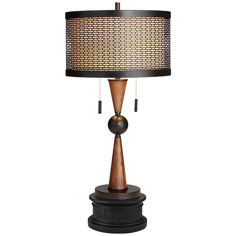 Image 1 Franklin Iron Works Bronze and Cherry Wood 2-Light Table Lamp with Riser