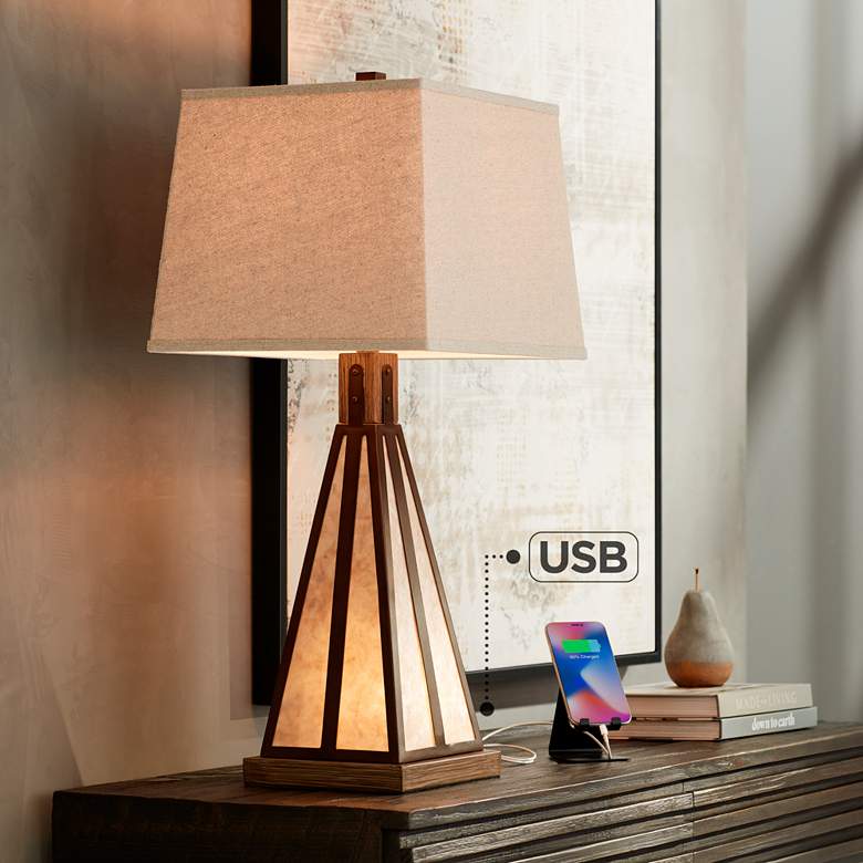 Image 1 Franklin Iron Works Bronze and Mica Night Light Table Lamp with USB Port