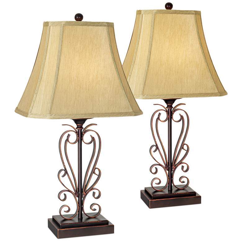 Image 2 Franklin Iron Works Bronze Copper Scroll Lamps Set of 2 with Dimmers