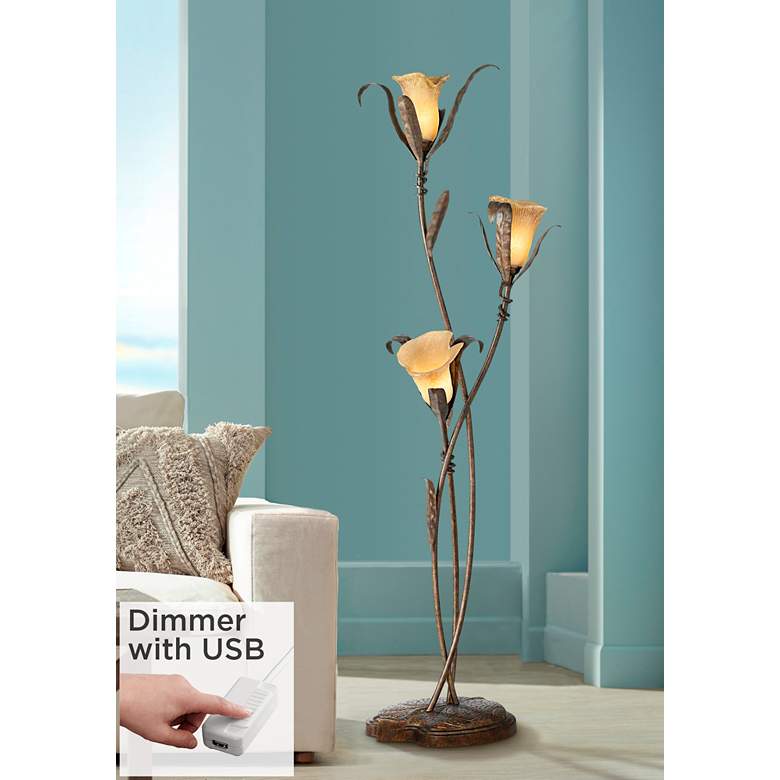 Image 1 Franklin Iron Works Bronze Gold Intertwined Lilies Floor Lamp w/ USB Dimmer
