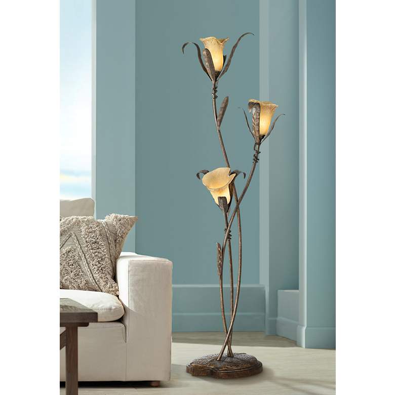 Image 1 Franklin Iron Works Bronze Gold Intertwined Lilies Floor Lamp w/ USB Dimmer