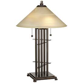 Image2 of Franklin Iron Works Bronze Planes 'n' Posts Art Glass Table Lamp