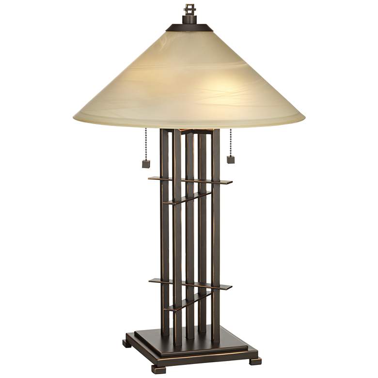 Image 2 Franklin Iron Works Bronze Planes &#39;n&#39; Posts Art Glass Table Lamp