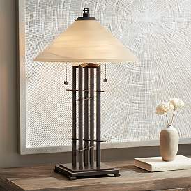Image1 of Franklin Iron Works Bronze Planes 'n' Posts Art Glass Table Lamp