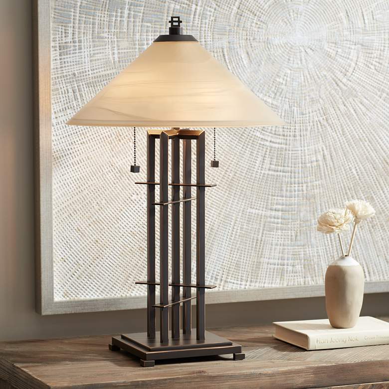 Image 1 Franklin Iron Works Bronze Planes &#39;n&#39; Posts Art Glass Table Lamp