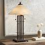 Franklin Iron Works Bronze Planes &#39;n&#39; Posts Art Glass Table Lamp