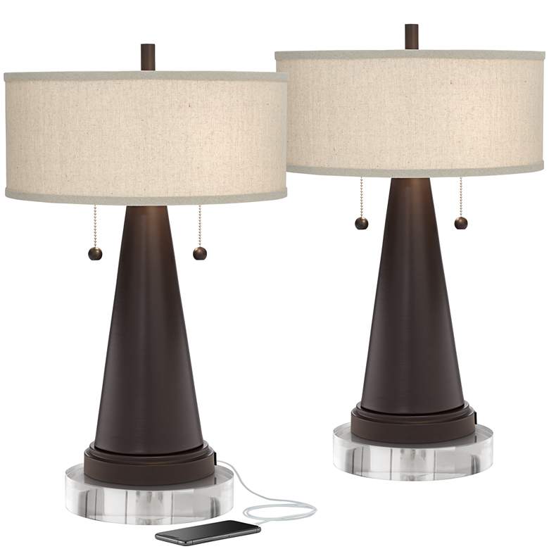 Image 1 Franklin Iron Works Bronze USB Table Lamps With with Round Risers