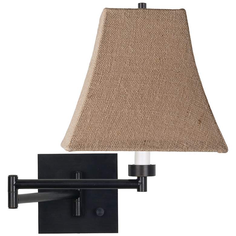 Image 1 Franklin Iron Works Burlap and Espresso Plug-In Swing Arm Wall Lamp