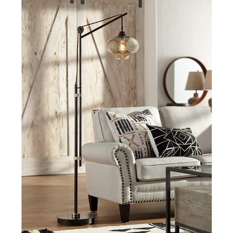 Image 1 Franklin Iron Works Calyx 66 inch Cognac Glass and Bronze LED Floor Lamp