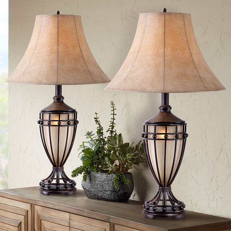 Image 1 Franklin Iron Works Cardiff Iron Night Light Urn Table Lamps Set of 2