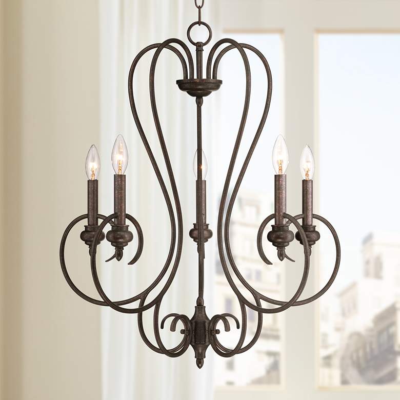 Image 2 Franklin Iron Works Channing 24 1/2 inch Bronze 5-Light Scroll Chandelier