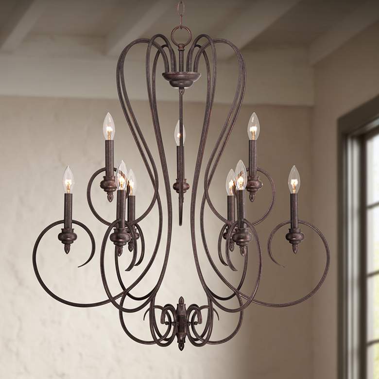 Image 2 Franklin Iron Works Channing 30 1/2 inch Bronze Scroll 9-Light Chandelier