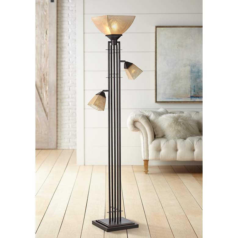 Image 1 Franklin Iron Works City Lines 72" Bronze 3-Light Torchiere Floor Lamp