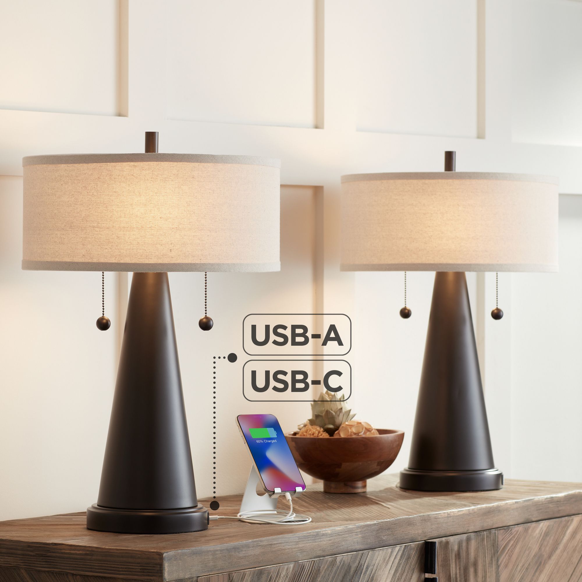 Franklin Iron Works Craig 23" Bronze USB Table Lamps Set of 2