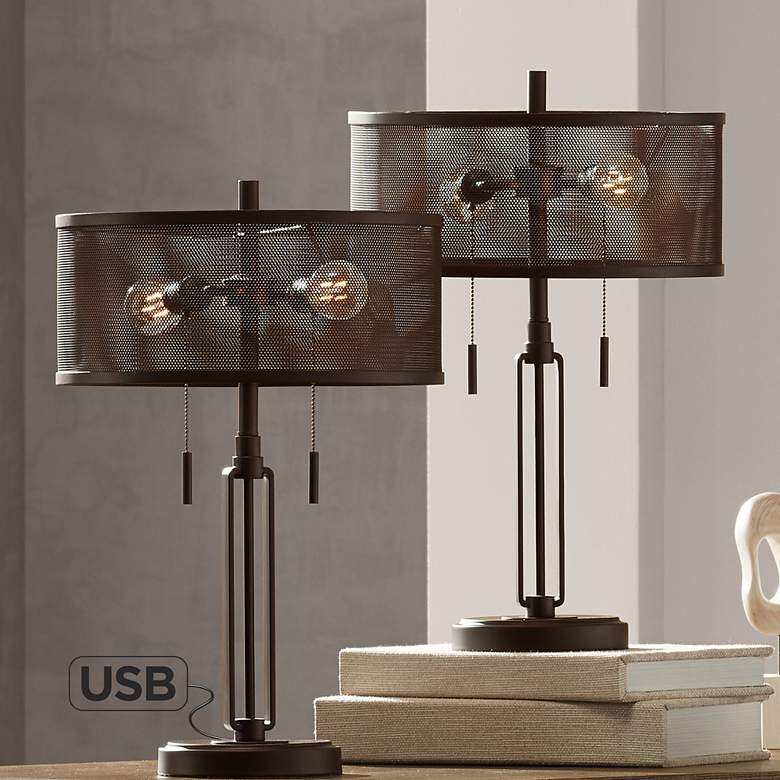 Image 1 Franklin Iron Works Dayn Industrial LED USB Table Lamps Set of 2