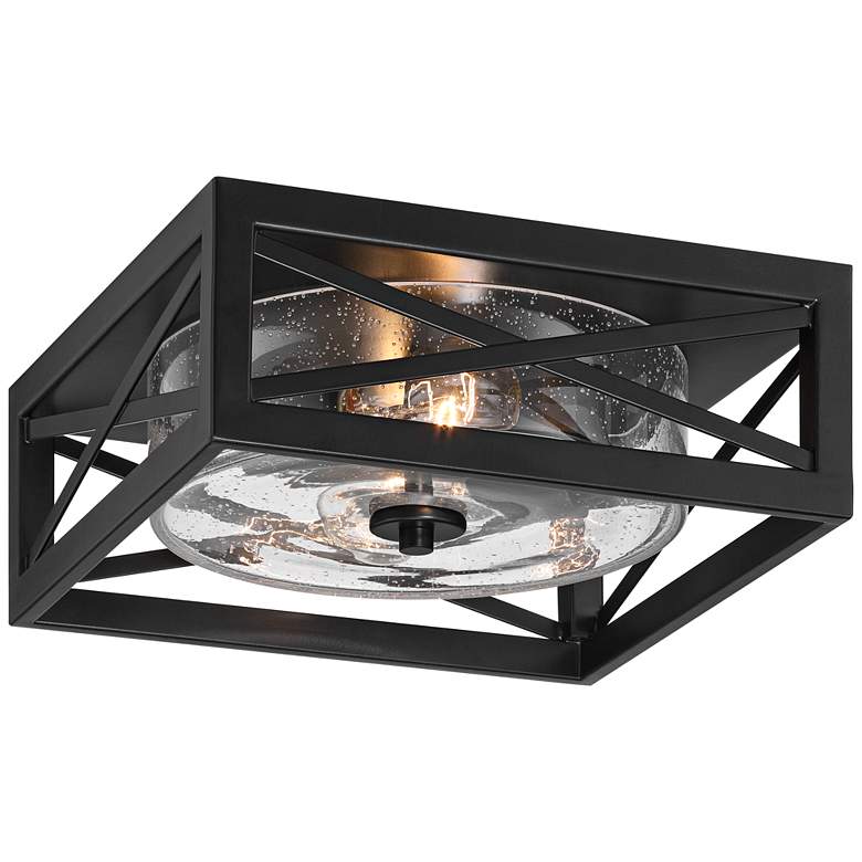 Image 2 Franklin Iron Works Drake 12" Black and Seeded Glass Ceiling Light
