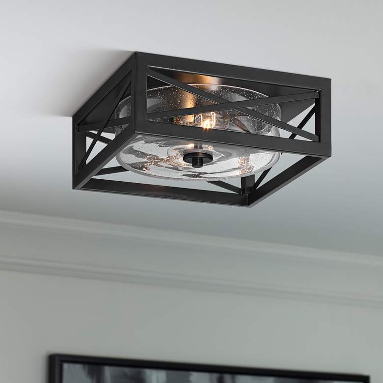 Image 1 Franklin Iron Works Drake 12" Black and Seeded Glass Ceiling Light
