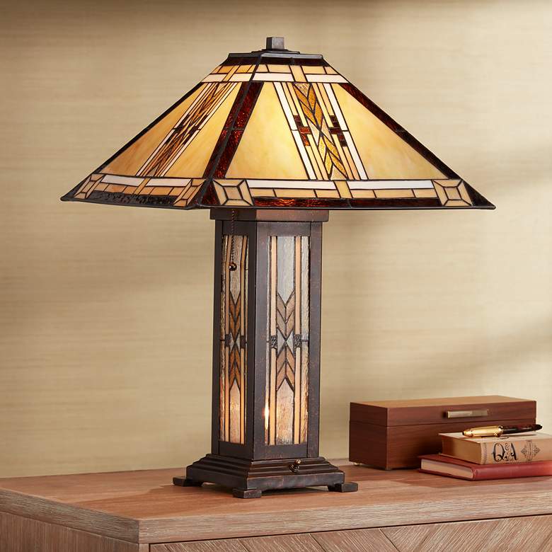 Image 1 Franklin Iron Works Drake Mission Tiffany-Style Nightlight Table Lamp
