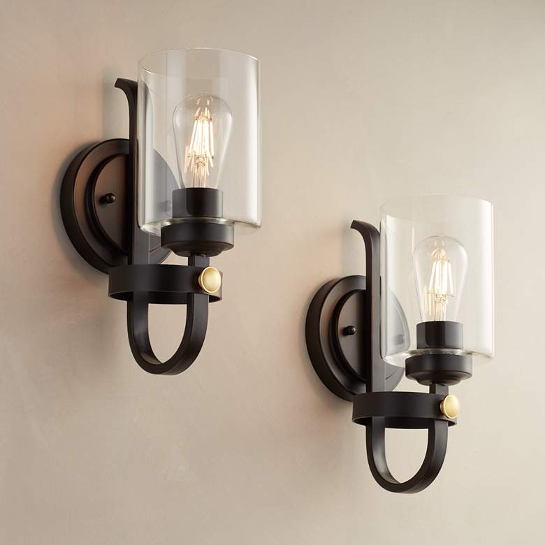 Image 1 Franklin Iron Works Eagleton 12" High Bronze LED Wall Sconce Set of 2