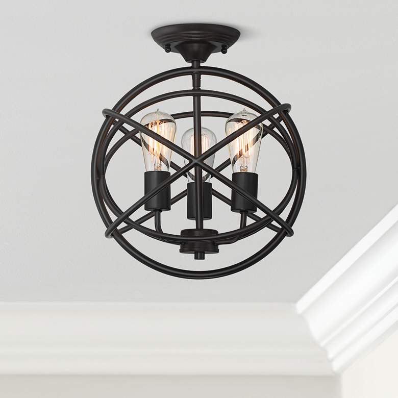 Image 1 Franklin Iron Works Ellery 14" Bronze Open Sphere 3-Lt Ceiling Light