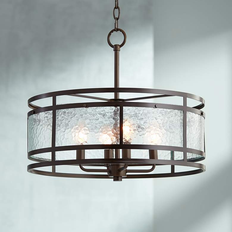 Franklin Iron Works Elwood 20&quot; Textured Glass and Bronze Drum Pendant
