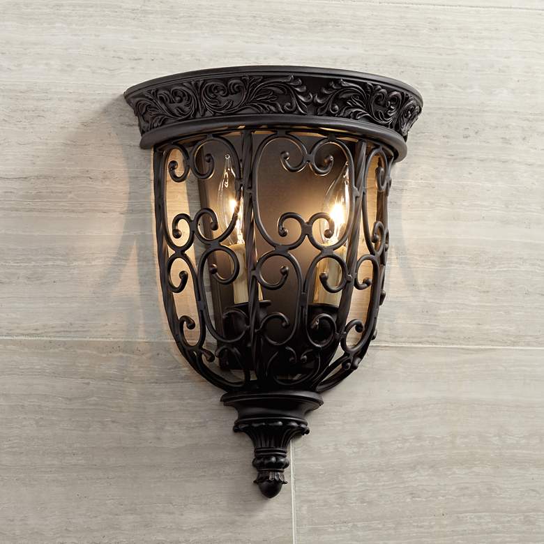 Image 1 Franklin Iron Works French Scroll 14 1/4" Rubbed Bronze Wall Sconce