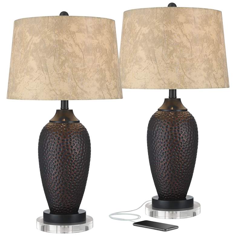 Image 1 Franklin Iron Works Hammered Bronze USB Table Lamps with Acrylic Risers