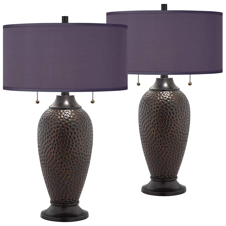 Image 1 Franklin Iron Works Hammered Lamps with Eggplant Faux Silk Shades Set of 2