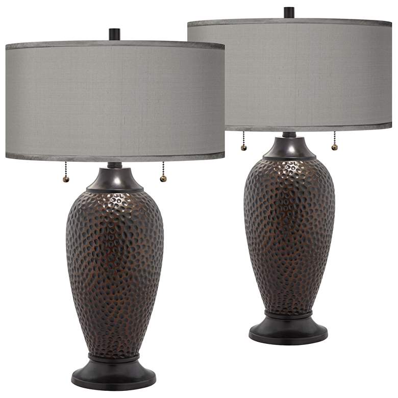 Image 1 Franklin Iron Works Hammered Lamps with Gray Faux Silk Shades Set of 2