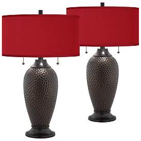 Image1 of Franklin Iron Works Hammered Lamps with Red Faux Silk Shades Set of 2