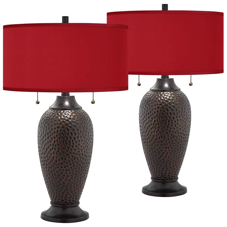 Image 1 Franklin Iron Works Hammered Lamps with Red Faux Silk Shades Set of 2