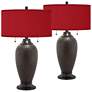Franklin Iron Works Hammered Lamps with Red Faux Silk Shades Set of 2