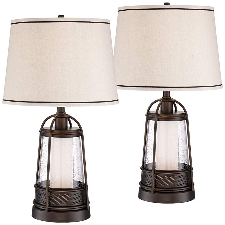 Image 2 Franklin Iron Works Hugh 26 inch Bronze Lantern Night Light Lamps Set of 2