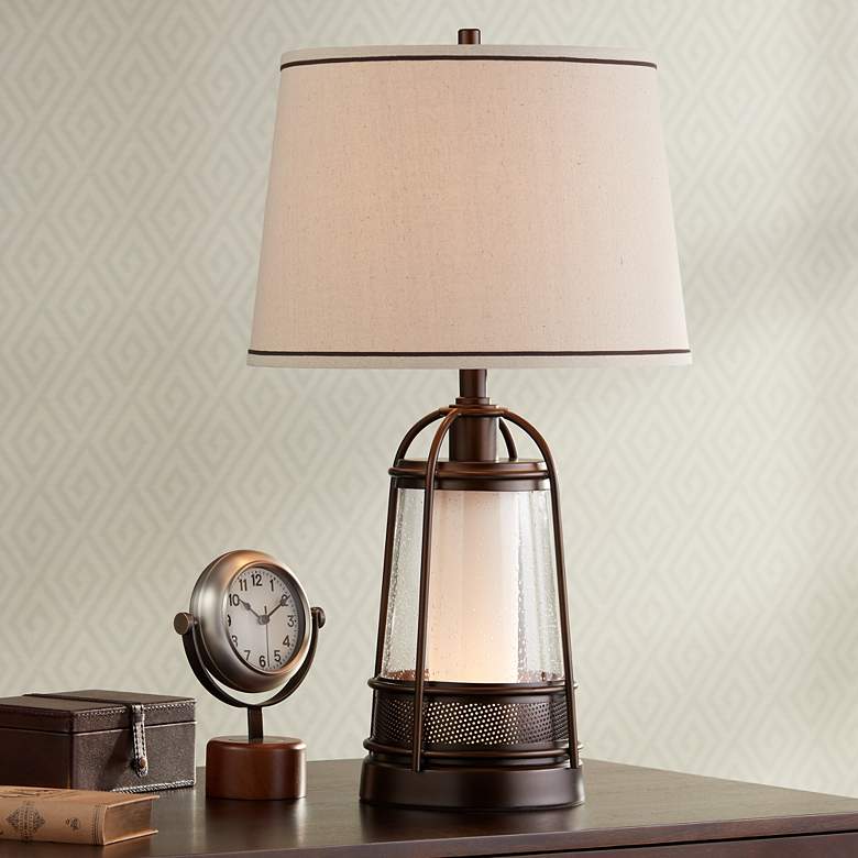 Image 2 Franklin Iron Works Hugh Bronze Lantern Night Light Table Lamp with Dimmer