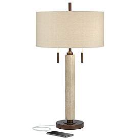 Image3 of Franklin Iron Works Hugo Rustic Modern Wood Pull Chain USB Table Lamp