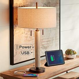 Image2 of Franklin Iron Works Hugo Rustic Modern Wood Pull Chain USB Table Lamp