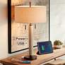 Franklin Iron Works Hugo Rustic Modern Wood Pull Chain USB Table Lamp in scene