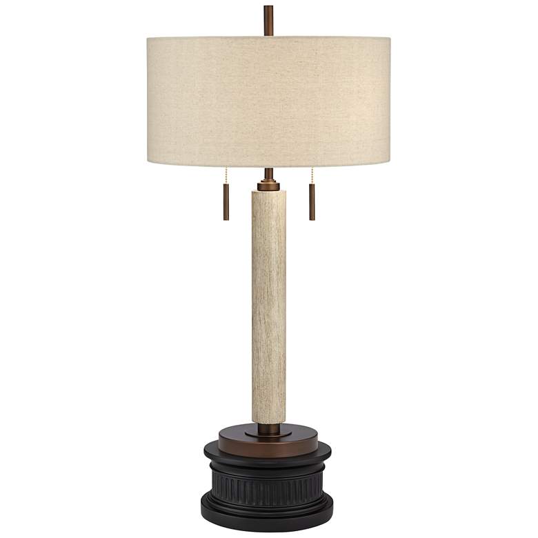 Image 1 Franklin Iron Works Hugo Wood Column USB Table Lamp with Black Round Riser